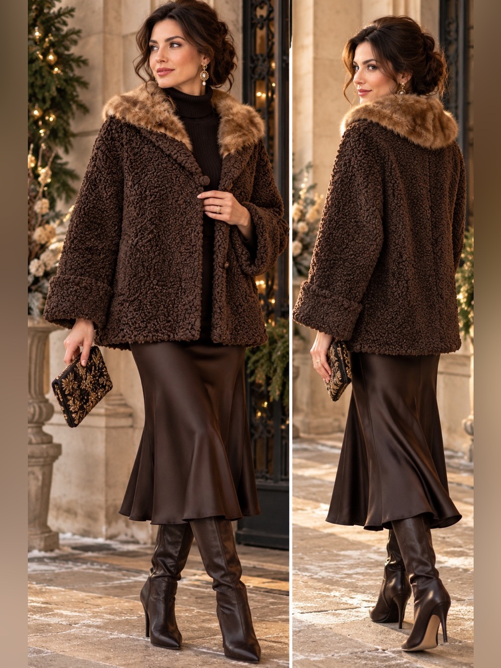 Mid-Century brown Persian lamb mink collar short coat